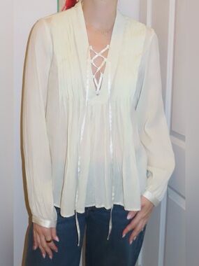 Rag & Bone Cream Lace-Up Pintuck Peasant Blouse - NEW W/O TAGS